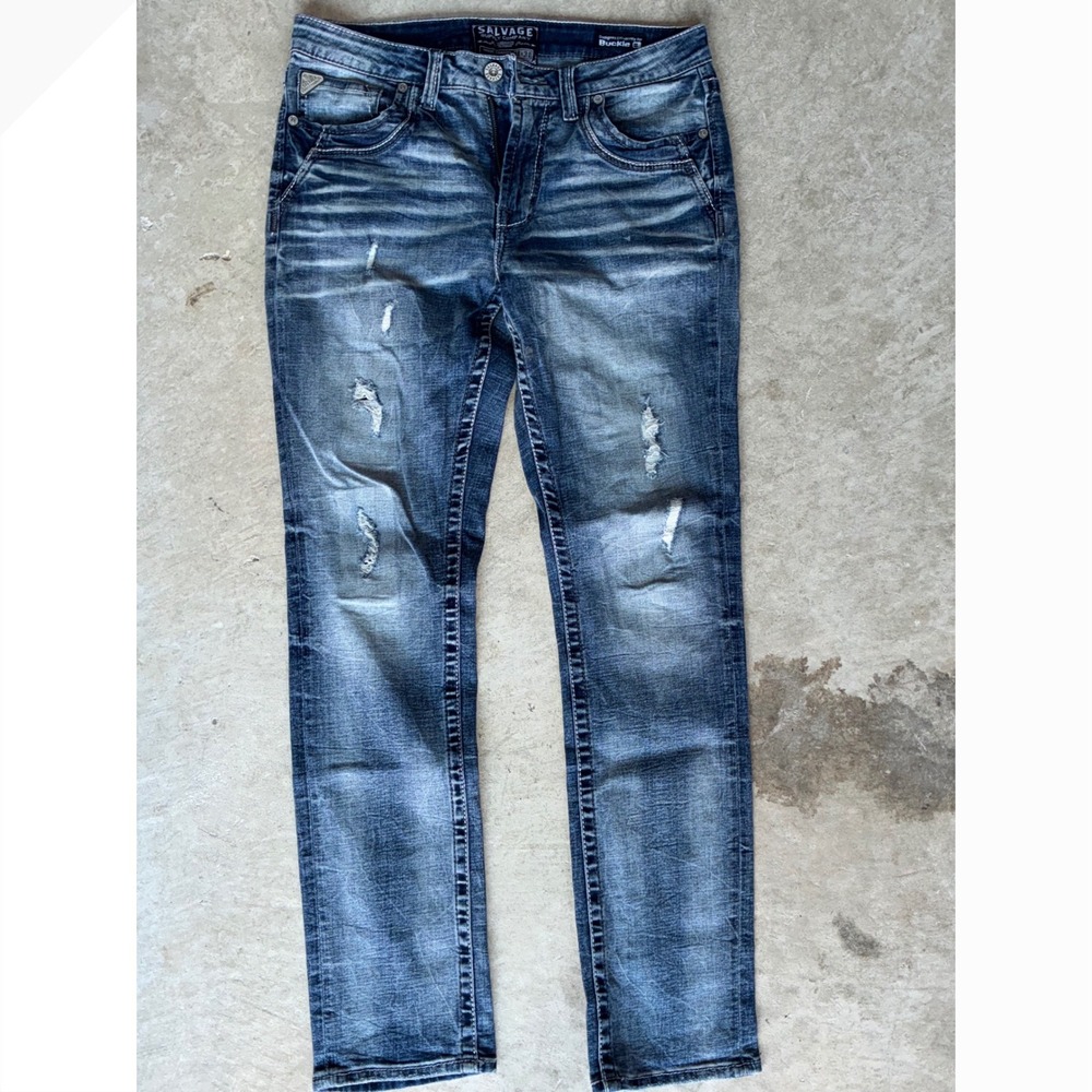 Salvage Supply Co Straight Slim Fit Jeans Buckle 34x34 Distressed Blue Denim